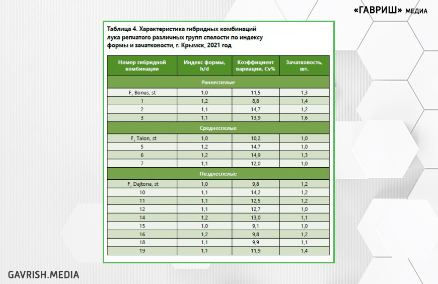 Таблица 4. Характеристика гибридных комбинаций лука репчатого различных групп спелости по индексу формы и зачатковости, г. Крымск, 2021 год