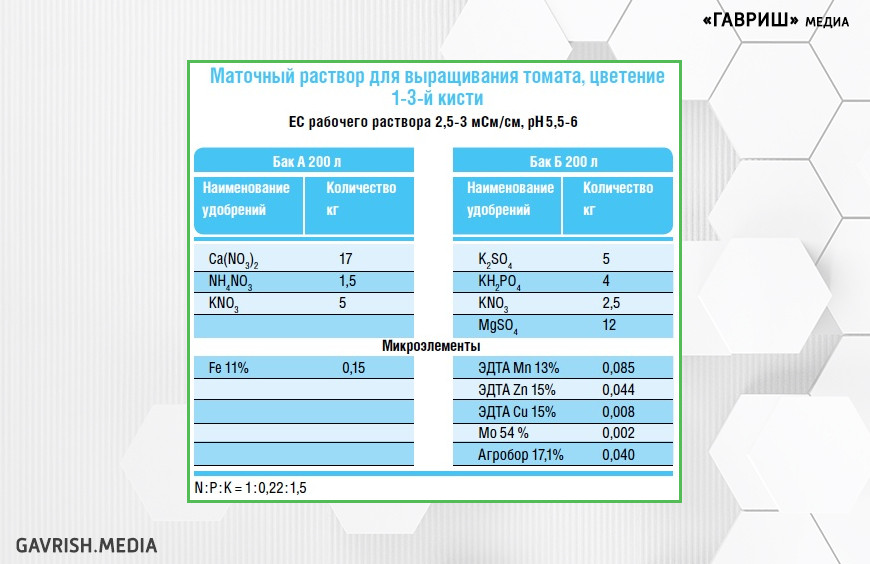 Маточный раствор для выращивания томата, цветение 1-3-й кисти