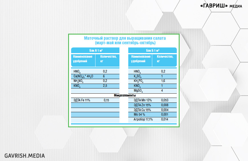 Маточный раствор для выращивания салата (март-май или сентябрь-октябрь)
